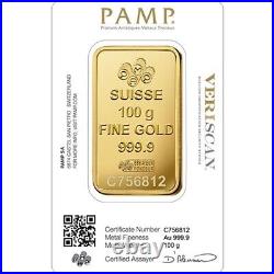 PAMP Suisse Fortuna 100 gram. 9999 Fine Gold Bar SEALED IN VERISCAN ASSAY CARD