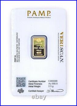 PAMP Suisse Fortuna 2.5g Gram. 9999 Fine Gold Bar SEALED IN VERISCAN ASSAY CARD