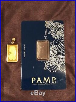 PAMP Suisse Lady Fortuna 24k. 9999 Fine 5 Gram Gold Bar in 14k Bezel Pendant