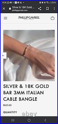 PHILLIP GRAVRIEL Silver & 18K Gold Bar 3mm Italian Cable Bangle Fine Jewelry