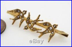 PRETTY ANTIQUE ENGLISH 9K GOLD SEED PEARL DIVING SWALLOWS BAR BROOCH c1900