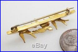 PRETTY ANTIQUE ENGLISH 9K GOLD SEED PEARL DIVING SWALLOWS BAR BROOCH c1900