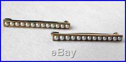 Pair 2 Antique 14k Gold Krementz Seed Pearl Bar Lingerie Collar Lapel Pins Set