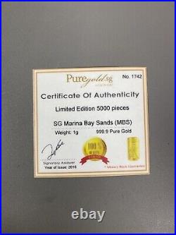 Puregold SG 2016 Singapore Marina Bay Sands 1g 999.9 Fine Gold Bar with COA Rare