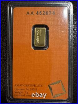 RARE 1 gram Fine Gold Bar Valcambi 999.9 Credit Suisse 24 carrot certified