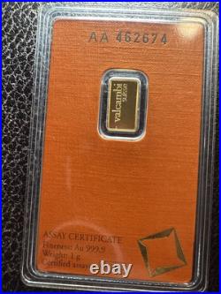 RARE 1 gram Fine Gold Bar Valcambi 999.9 Credit Suisse 24 carrot certified