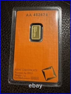 RARE 1 gram Fine Gold Bar Valcambi 999.9 Credit Suisse 24 carrot certified
