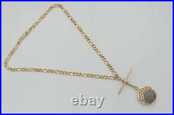 RARE VINTAGE HM 9ct SOLID GOLD FIGARO NECKLACE with T Bar & BLOODSTONE FOB