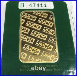 RARE Vintage Johnson Matthey JM Gold Ingot 99.99% Fine B47411 Green Certificate