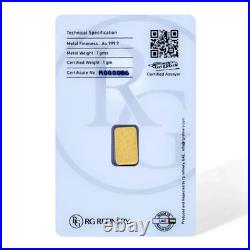 RG Refinery, UAE 1 gram. 9999 Pure 24karat Fine GOLD Bullion Bar RG Refinery, UAE 1 gram. 9999 Pure 24karat Fine GOLD Bullion Bar