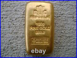 RMC Republic Metals Corporation 100 gram gold bar loaf 999.9 Fine A 000183 RARE