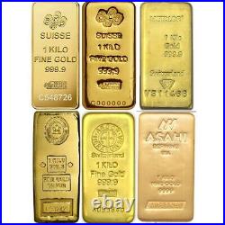 Random Mint 1 Kilo (32.15 Troy Oz) Gold Bar 0.9999 Fine Gold Brand New