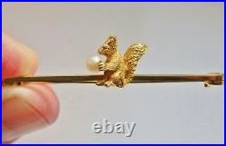 Rare Antique Edwardian 15ct Gold Squirrel Holding a Pearl Bar Brooch c1905