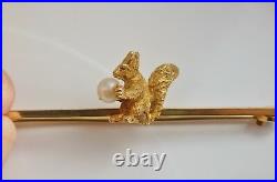 Rare Antique Edwardian 15ct Gold Squirrel Holding a Pearl Bar Brooch c1905