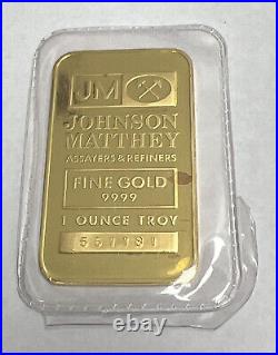 Rare Johnson Matthey 1 oz Gold Bar. 9999 Fine Gold with JM Logo on Back Sealed