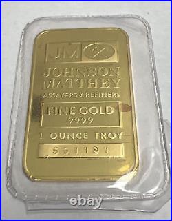 Rare Johnson Matthey 1 oz Gold Bar. 9999 Fine Gold with JM Logo on Back Sealed