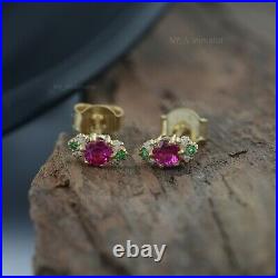 Real Ruby & Zambia Emerald Mini Bar Studs Solid 14K Yellow Gold Diamond Earrings