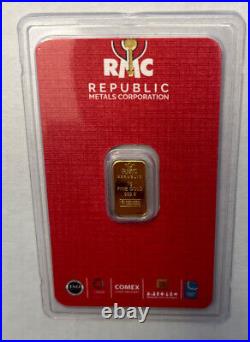 Rmc Gold 1 Gram 999.9 Fine Bar Republic Precious Metals Sealed In Coa Card