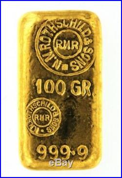 Rothschild & Sons 100 Grams 999.9% Fine Gold Bullion Bar 24 Carat Rare Bullion
