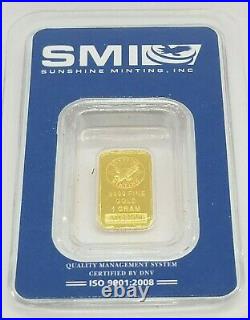 SMI 1 Gram Fine Gold Bullion 999.9 SEALED Assay Bar #A032556 Sunshine Minting