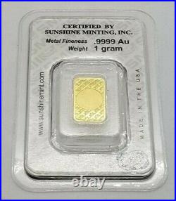 SMI 1 Gram Fine Gold Bullion 999.9 SEALED Assay Bar #A032556 Sunshine Minting
