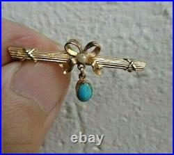 SUPERB Victorian 9ct Rose Gold, Turquoise & Pearl Sweetheart Bar Brooch c. 1890s