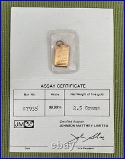 Sealed Johnson Matthey 2.5 Gram 99.99% Fine Gold Bar In Bezel With Assay Cert