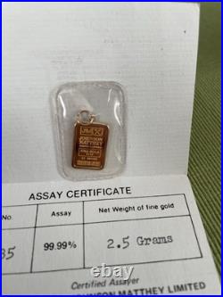 Sealed Johnson Matthey 2.5 Gram 99.99% Fine Gold Bar In Bezel With Assay Cert