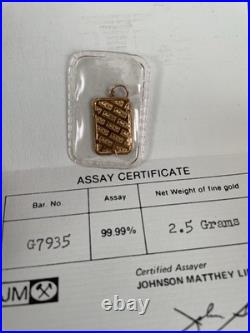 Sealed Johnson Matthey 2.5 Gram 99.99% Fine Gold Bar In Bezel With Assay Cert