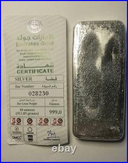 Silver 10 Ounce. 999 Fine Bar Emirates Gold United Arab Emirates Dubai with Cert