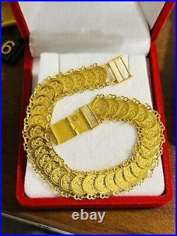 Solid 22K 916 Fine Saudi Real Gold 7.5 Womans Flower Coin Bracelet 14.7g 11mm