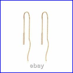 Solid Gold 0.10Ct. Genuine Diamond Long Bar Chain Threader Earrings Fine Jewelry