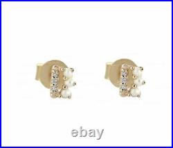 Solid Gold Genuine Diamond And Freshwater Pearl Tiny Bar Stud Earrings Jewelry