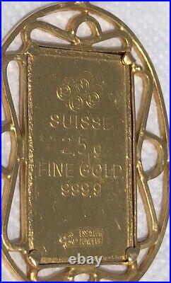 Suisse 2.5 Gram 999.9 Fine Gold Bar Pendant with Bezel 21 K 5.77 gram Total