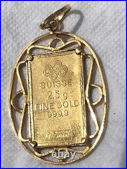 Suisse 2.5 Gram 999.9 Fine Gold Bar Pendant with Bezel 21 K 5.77 gram Total