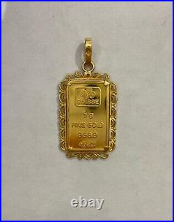 Suisse 5 Gram 999.9 Fine Gold Bar Pendant with Bezel, 21K bezel 7.4 grams total