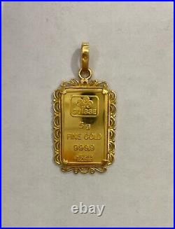 Suisse 5 Gram 999.9 Fine Gold Bar Pendant with Bezel, 21K bezel 7.4 grams total