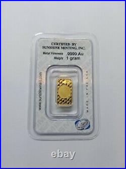 Sunshine minting 1 gram. 9999 Fine Gold Bullion Bar New Design In TEP Packaging