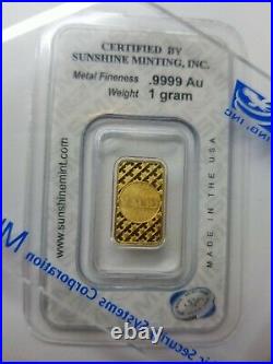 Sunshine minting 1 gram. 9999 Fine Gold Bullion Bar New Design In TEP Packaging