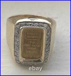 Swiss 1 Gram Fine Gold Bar Mens Ring 14k Yellow Gold. 25ct Dia Size 9- 13.5 G