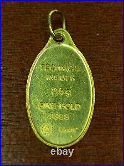 Technical Ingots. 999 Fine Gold Bar 2.5 gram Pendant
