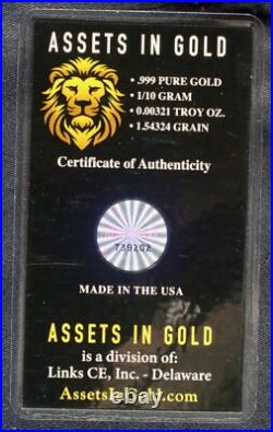Ten 1/10 Gram Bars. 999 Fine Gold (1 Gram Total) Sealed Card L-260233