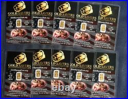 Ten 1/10 Gram Bars. 999 Fine Gold (1 Gram Total) Sealed Card L-260238