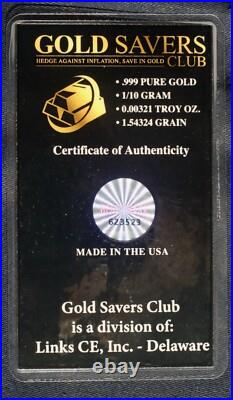 Ten 1/10 Gram Bars. 999 Fine Gold (1 Gram Total) Sealed Card L-260238