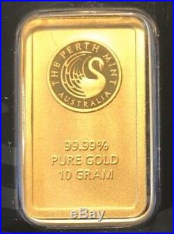 The Perth Mint 10 Gram 99.99% Fine Gold Sealed Swan Bar # C017427 No Reserve