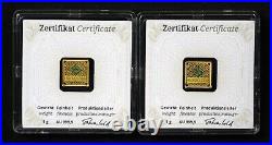 Two One Gram Geiger Original Square Gold Bars New with Assay 999.9 Fine 1 g AU