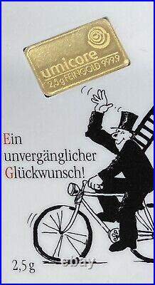 Umicore 2.5 G Gram Fine Gold Feingold 999.9 Bar Carded Bullion Investment