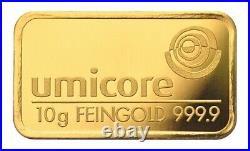 Umicore Fine Gold Bullion Ingot Bar 10 grams Finesse 999.9 LBMA Good Delivery