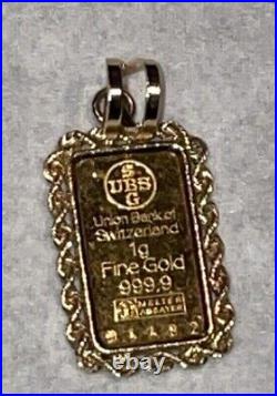 Union Bank Of Switzerland 1 Gram 999.9 Fine Gold Bar 14 Kt Rope Bezel Pendant
