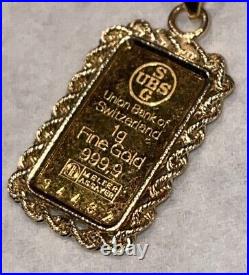 Union Bank Of Switzerland 1 Gram 999.9 Fine Gold Bar 14 Kt Rope Bezel Pendant